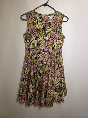 Bar III Pink and Yellow Leaf-Print Midi Dress